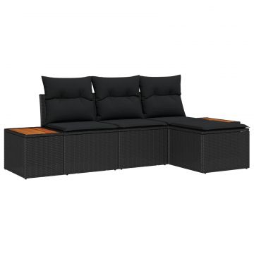 vidaXL Set de canapele pentru grădină cu pernă 4 pcs Negru Poli Rattan