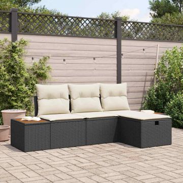 vidaXL Set de canapele pentru grădină cu pernă 4 pcs Negru Rattan poli