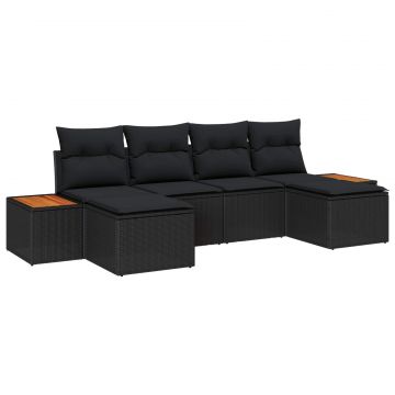 vidaXL Set de canapele pentru grădină cu pernă 6 pcs Negru Poli Rattan