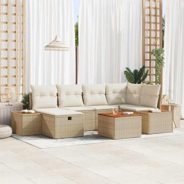 vidaXL Set de canapele pentru grădină cu pernă 7 pcs Bej Rattan poli