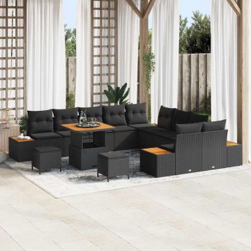 vidaXL Set de canapele pentru grădină cu pernă Negru Rattan poli