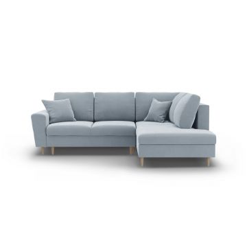 Colțar albastru deschis extensibil, cu spațiu de depozitare cu tapițerie din catifea (cu colț pe partea dreaptă-în formă de ”L”) Kyoto – Cosmopolitan Design