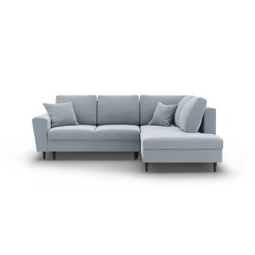 Colțar albastru deschis extensibil, cu spațiu de depozitare cu tapițerie din catifea (cu colț pe partea dreaptă-în formă de ”L”) Kyoto – Cosmopolitan Design