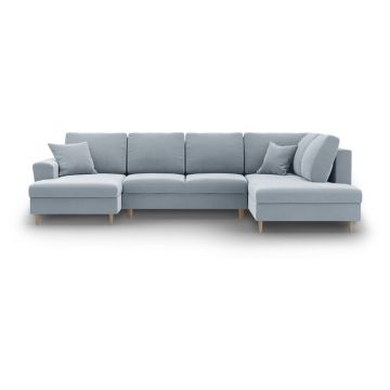 Colțar albastru deschis extensibil, cu spațiu de depozitare cu tapițerie din catifea (cu colț pe partea dreaptă-în formă de 