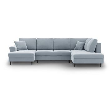 Colțar albastru deschis extensibil, cu spațiu de depozitare cu tapițerie din catifea (cu colț pe partea dreaptă-în formă de 