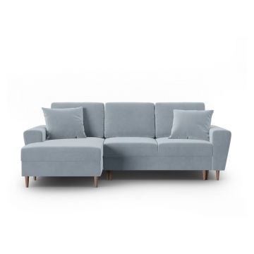 Colțar albastru deschis extensibil, cu spațiu de depozitare cu tapițerie din catifea (cu colț pe partea stângă, cu șezlong) Kyoto – Cosmopolitan Design