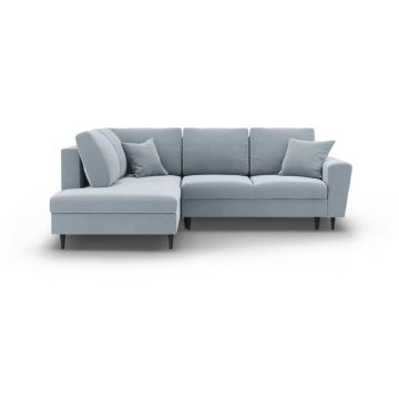 Colțar albastru deschis extensibil, cu spațiu de depozitare cu tapițerie din catifea (cu colț pe partea stângă-în formă de ”L”) Kyoto – Cosmopolitan Design