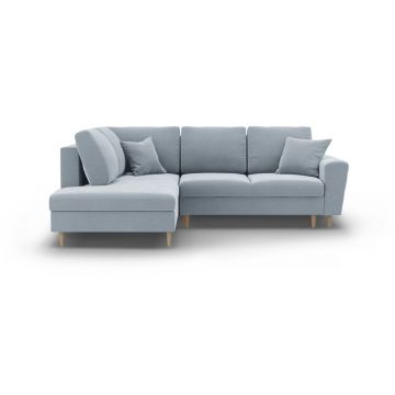 Colțar albastru deschis extensibil, cu spațiu de depozitare cu tapițerie din catifea (cu colț pe partea stângă-în formă de ”L”) Kyoto – Cosmopolitan Design