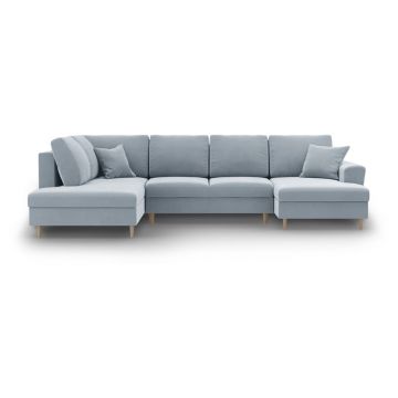 Colțar albastru deschis extensibil, cu spațiu de depozitare cu tapițerie din catifea (cu colț pe partea stângă-în formă de 