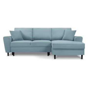 Colțar albastru deschis extensibil, cu spațiu de depozitare cu tapițerie din catifea reiată (cu colț pe partea dreaptă, cu șezlong) Kyoto – Cosmopolitan Design