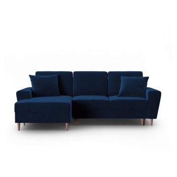 Colțar albastru extensibil, cu spațiu de depozitare cu tapițerie din catifea (cu colț pe partea stângă, cu șezlong) Kyoto – Cosmopolitan Design