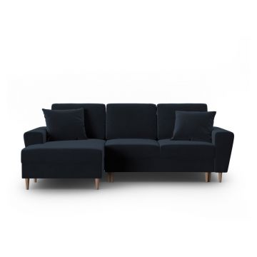 Colțar albastru închis extensibil, cu spațiu de depozitare cu tapițerie din catifea (cu colț pe partea stângă, cu șezlong) Kyoto – Cosmopolitan Design