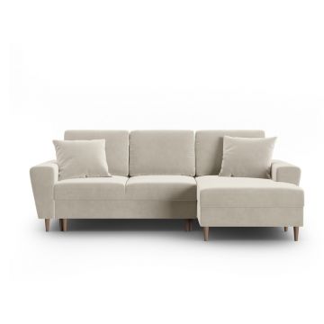 Colțar bej extensibil, cu spațiu de depozitare cu tapițerie din catifea (cu colț pe partea dreaptă, cu șezlong) Kyoto – Cosmopolitan Design