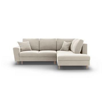 Colțar bej extensibil, cu spațiu de depozitare cu tapițerie din catifea (cu colț pe partea dreaptă-în formă de ”L”) Kyoto – Cosmopolitan Design