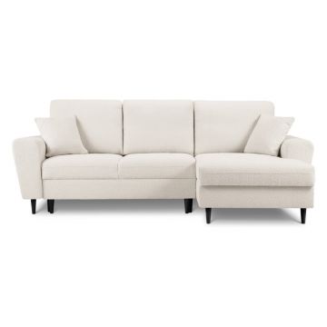 Colțar bej extensibil, cu spațiu de depozitare cu tapițerie din țesătură bouclé (cu colț pe partea dreaptă, cu șezlong) Kyoto – Cosmopolitan Design