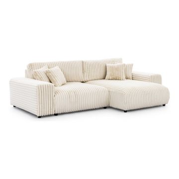 Colțar crem extensibil, cu spațiu de depozitare, cu tapițerie din catifea reiată (cu colț pe partea dreaptă) Sarina – Ropez