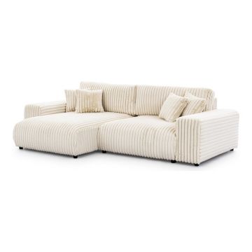 Colțar crem extensibil, cu spațiu de depozitare, cu tapițerie din catifea reiată (cu colț pe partea stângă) Sarina – Ropez