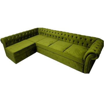 Colțar Extensibil Chesterfield, 300x195x75cm, 6 locuri, Velutto 9 Olive , în formă de 