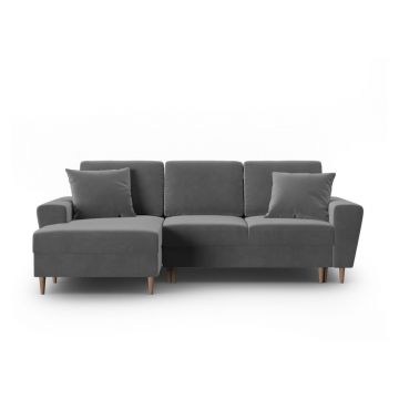 Colțar gri deschis extensibil, cu spațiu de depozitare cu tapițerie din catifea (cu colț pe partea stângă, cu șezlong) Kyoto – Cosmopolitan Design