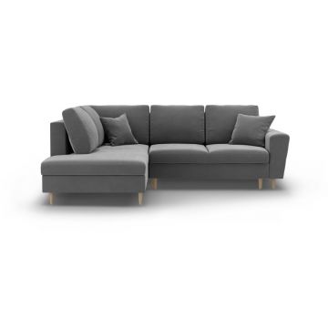 Colțar gri deschis extensibil, cu spațiu de depozitare cu tapițerie din catifea (cu colț pe partea stângă-în formă de ”L”) Kyoto – Cosmopolitan Design