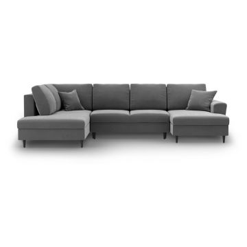 Colțar gri deschis extensibil, cu spațiu de depozitare cu tapițerie din catifea (cu colț pe partea stângă-în formă de 