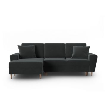 Colțar gri închis extensibil, cu spațiu de depozitare cu tapițerie din catifea (cu colț pe partea stângă, cu șezlong) Kyoto – Cosmopolitan Design