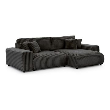 Colțar gri închis extensibil, cu spațiu de depozitare, cu tapițerie din catifea reiată (cu colț pe partea dreaptă) Sarina – Ropez