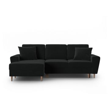 Colțar negru extensibil, cu spațiu de depozitare cu tapițerie din catifea (cu colț pe partea stângă, cu șezlong) Kyoto – Cosmopolitan Design