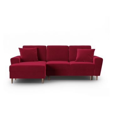 Colțar roșu extensibil, cu spațiu de depozitare cu tapițerie din catifea (cu colț pe partea stângă, cu șezlong) Kyoto – Cosmopolitan Design