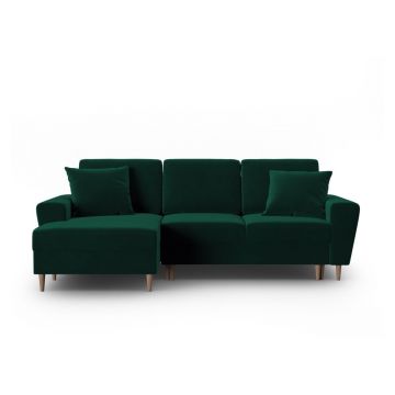 Colțar verde extensibil, cu spațiu de depozitare cu tapițerie din catifea (cu colț pe partea stângă, cu șezlong) Kyoto – Cosmopolitan Design