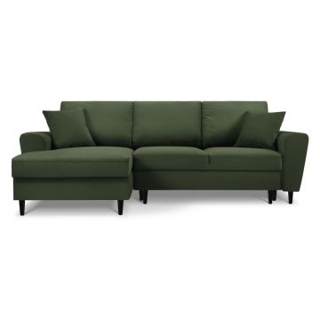 Colțar verde extensibil, cu spațiu de depozitare cu tapițerie din catifea reiată (cu colț pe partea stângă, cu șezlong) Kyoto – Cosmopolitan Design