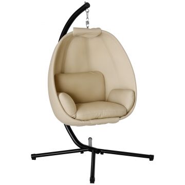 Outsunny Fotoliu suspendat, Scaun leagăn în formă de ou cu pernă moale, potrivit pentru interior și exterior, 125L x 95L x 170Î cm, Khaki | Aosom Romania