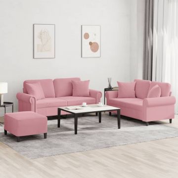 vidaXL Set canapea cu perne, 3 piese, roz, catifea