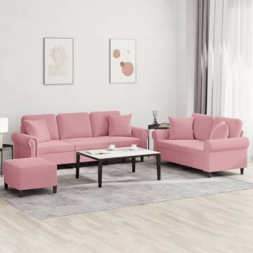 vidaXL Set canapea cu perne, 3 piese, roz, catifea
