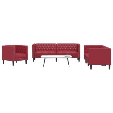 vidaXL Set canapele Chesterfield cu 3 locuri roșu vin piele eco.