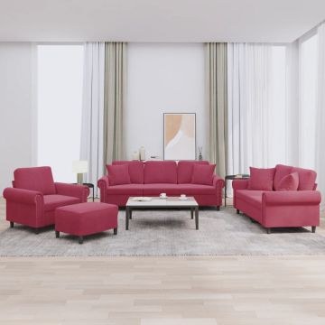 vidaXL Set canapele cu perne, 4 piese, roșu vin, catifea