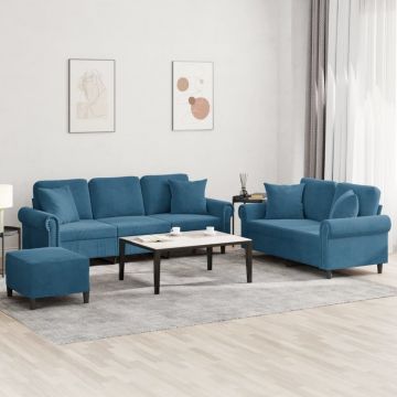 vidaXL Set de canapele cu perne, 3 piese, albastru, catifea