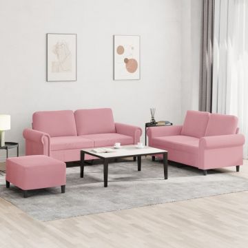 vidaXL Set de canapele cu perne, 3 piese, roz, catifea