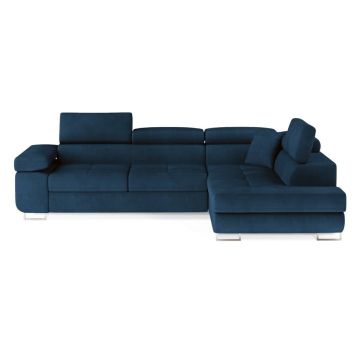 Colțar albastru extensibil/cu spațiu de depozitare cu tapițerie din catifea (cu colț pe partea dreaptă/în formă de ”L”) Anton – ELTAP