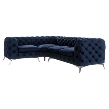 Colțar albastru închis cu tapițerie din catifea (cu colț pe partea stângă/în formă de ”L”) Chelsea – Ropez