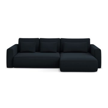 Colțar albastru închis extensibil/cu spațiu de depozitare cu tapițerie din catifea (cu colț pe partea dreaptă/cu șezlong) Kapua – Makamii