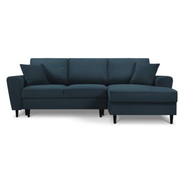 Colțar albastru închis extensibil, cu spațiu de depozitare cu tapițerie din catifea reiată (cu colț pe partea dreaptă, cu șezlong) Kyoto – Cosmopolitan Design
