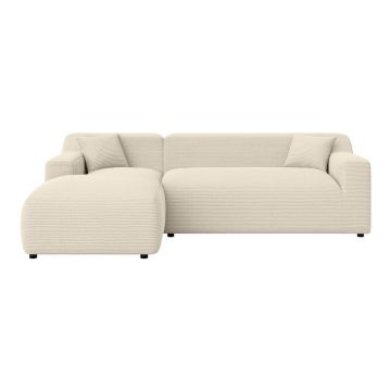 Colțar bej-crem cu tapițerie din catifea reiată (cu colț pe partea stângă, cu șezlong) Martin – Ropez