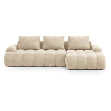 Colțar bej extensibil/cu spațiu de depozitare cu tapițerie din catifea (cu colț pe partea dreaptă/cu șezlong) Linz – Cosmopolitan Design