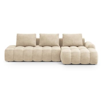 Colțar bej extensibil/cu spațiu de depozitare cu tapițerie din catifea (cu colț pe partea dreaptă/cu șezlong) Linz – Cosmopolitan Design