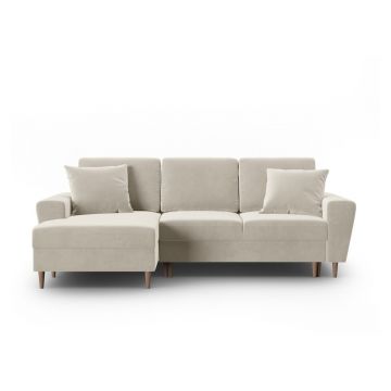 Colțar bej extensibil, cu spațiu de depozitare cu tapițerie din catifea (cu colț pe partea stângă, cu șezlong) Kyoto – Cosmopolitan Design