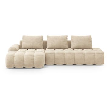 Colțar bej extensibil/cu spațiu de depozitare cu tapițerie din catifea (cu colț pe partea stângă/cu șezlong) Linz – Cosmopolitan Design