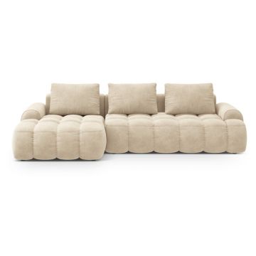 Colțar bej extensibil/cu spațiu de depozitare cu tapițerie din catifea (cu colț pe partea stângă/cu șezlong) Linz – Cosmopolitan Design