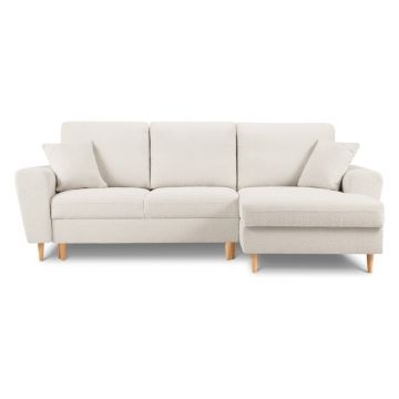 Colțar bej extensibil, cu spațiu de depozitare cu tapițerie din țesătură bouclé (cu colț pe partea dreaptă, cu șezlong) Kyoto – Cosmopolitan Design