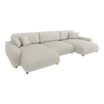 Colțar crem extensibil, cu spațiu de depozitare, cu tapițerie din catifea reiată Sara – Ropez